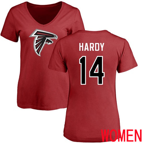 Atlanta Falcons Red Women Justin Hardy Name And Number Logo NFL Football #14 T Shirt